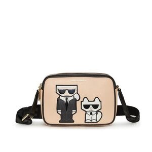 NWT Original Karl Lagerfeld Paris Crossbody Camera Bag Patches Kitty Cat Beige
